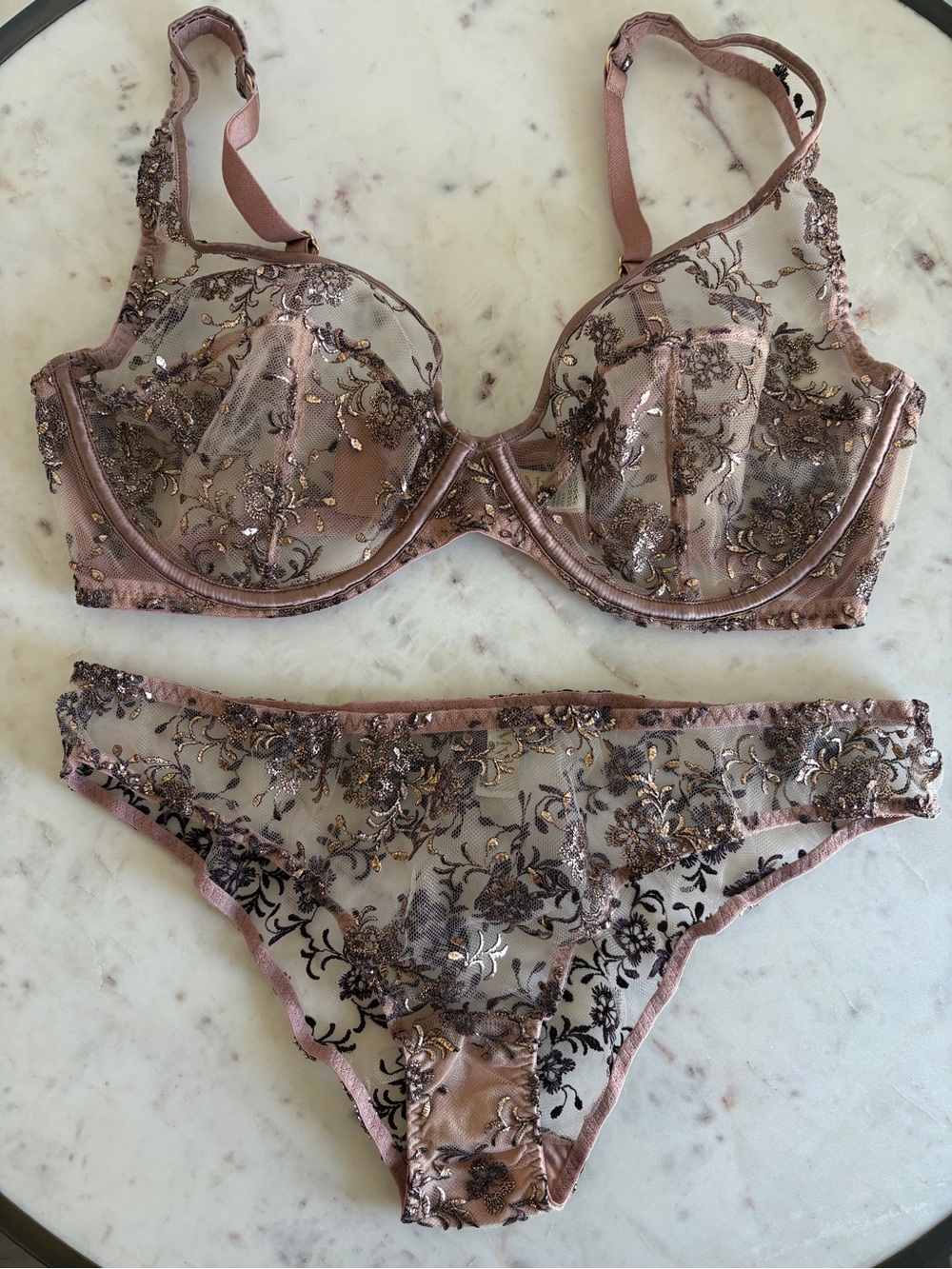 Myla London Lingerie - Blush Lace, Silk Trim & Copper/Bronze Embroidery 36D/M